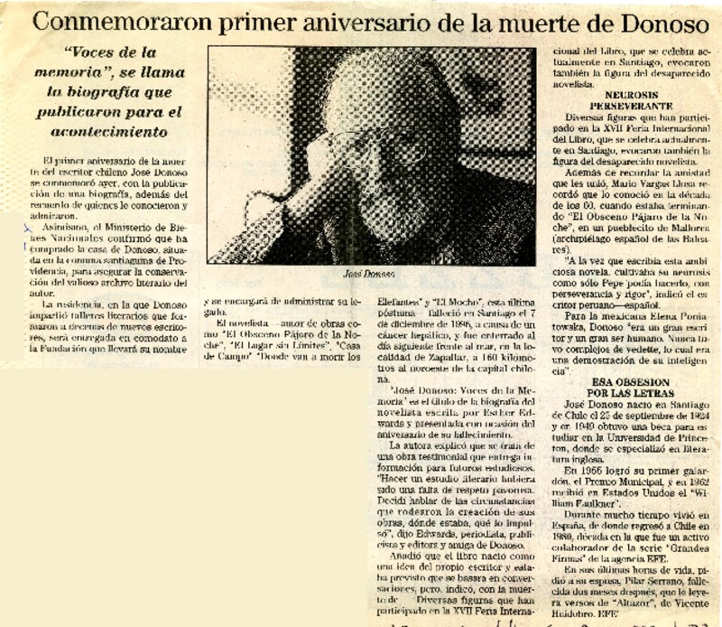 Conmemoran primer aniversario de la muerte de Donoso  [artículo].