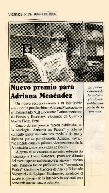Nuevo premio para Adriana Menéndez  [artículo]
