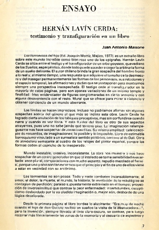 Hernán Lavín Cerda, testimonio y transfiguración en un libro  [artículo] Juan Antonio Massone.