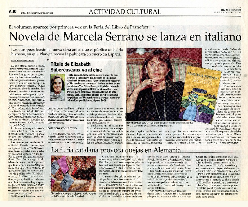 Novela de Marcela Serrano se lanza en italiano  [artículo] Carolina Andonie Dracos.