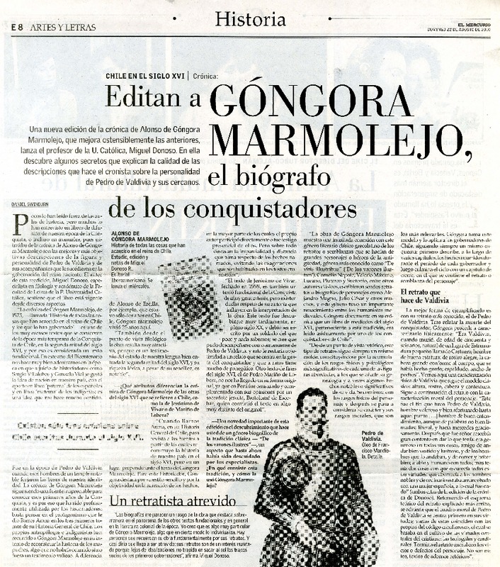 Editan a Góngora Marmolejo, el biógrafo de los conquistadores  [artículo] Daniel Swinburn.