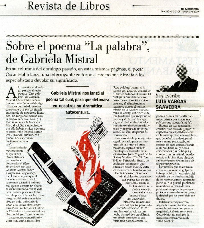 Sobre el poema "La palabra" de Gabriela Mistral  [artículo] Luis Vargas Saavedra.