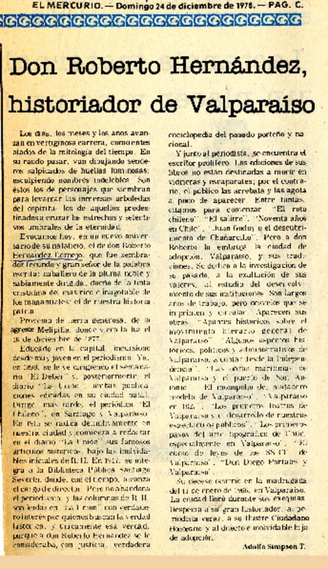Don Roberto Hernández, historiador de Valparaíso  [artículo] Adolfo Simpson T.