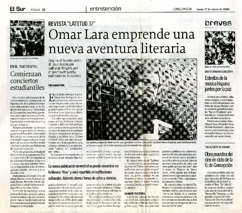 Omar Lara emprende una nueva aventura literaria  [artículo]Alvaro Peña y Peña.