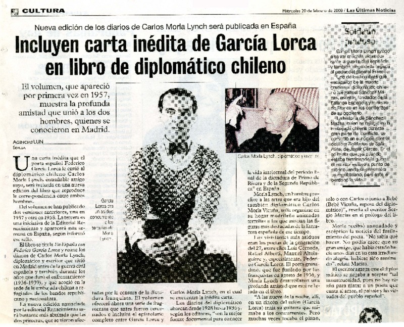 Incluyen carta inédita de García Lorca en libro de diplomático chleno  [artículo].