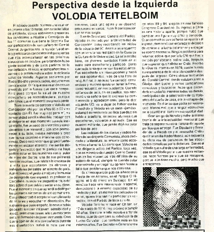 Perspectiva desde la izquierda Volodia Teitelboim  [artículo]Héctor Coloma Herrera.
