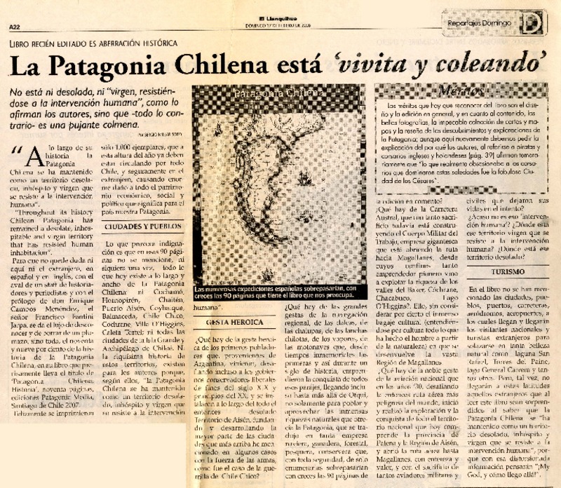 La Patagonia chilena esta "vivita y coleando"  [artículo]Sergio Millar.
