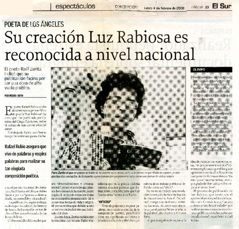 Su creación Luz Rabiosa es reconocida a nivel nacional  [artículo]Pedro Soto.