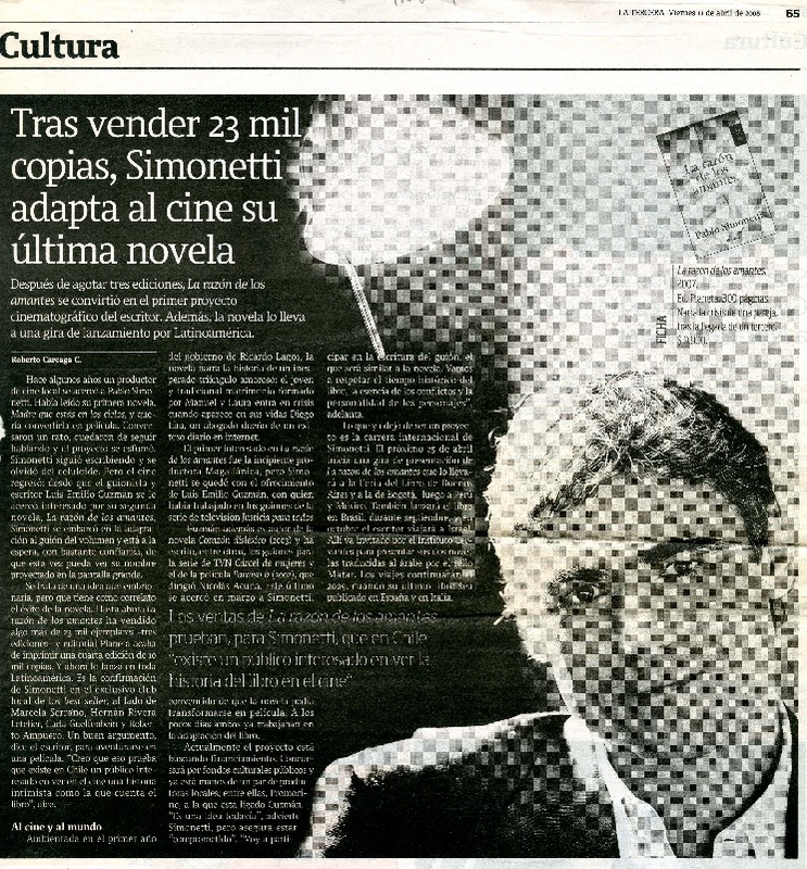 Tras vender 23 mil copias, Simonetti adapta al cine su última novela  [artículo]Roberto Careaga C.