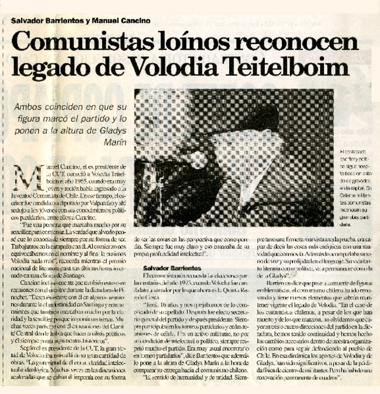 Comunistas loínos reconocen legado de Volodia Teitelboim  [artículo].
