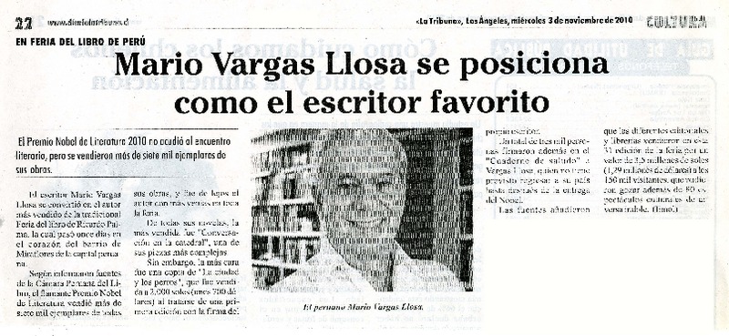 Mario Vargas Llosa se posiciona como el escritor favorito  [artículo]