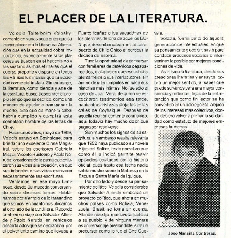 El placer de la literatura  [artículo]José V. Mansilla Contreras