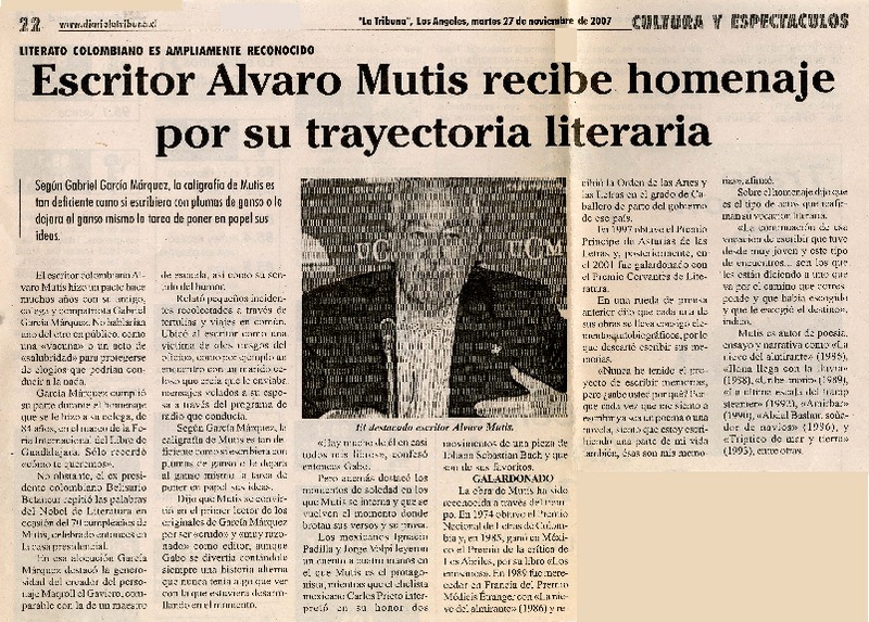 Escritor Alvaro Mutis recibe homenaje por su trayectoria literaria  [artículo].
