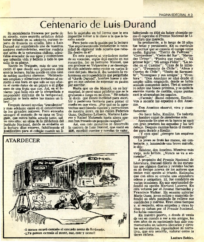 Centenario de Luis Durand  [artículo] Lautaro Robles.