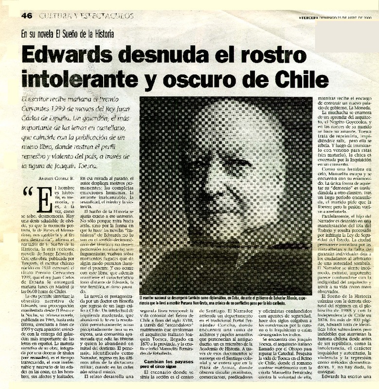 Edwards desnuda el rostro intolerante y oscuro de Chile  [artículo] Andrés Gómez B.