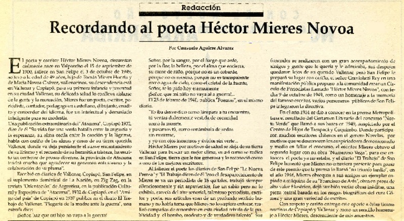 Recordando al poeta Héctor Mieres Novoa  [artículo] Consuelo Aguirre Álvarez