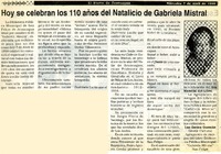 Hoy se celebran los 110 años del natalicio de Gabriela Mistral  [artículo] Luz Gatica Guzmán