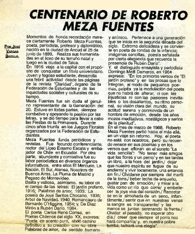 Centenario de Roberto Meza Fuentes  [artículo] José Vargas Badilla