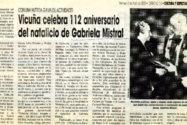 Vicuña celebra 112 aniversario del natalicio de Gabriela Mistral  [artículo]