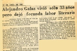 Alejandro Galaz vivió sólo 33 años pero dejó fecunda labor literaria.  [artículo]