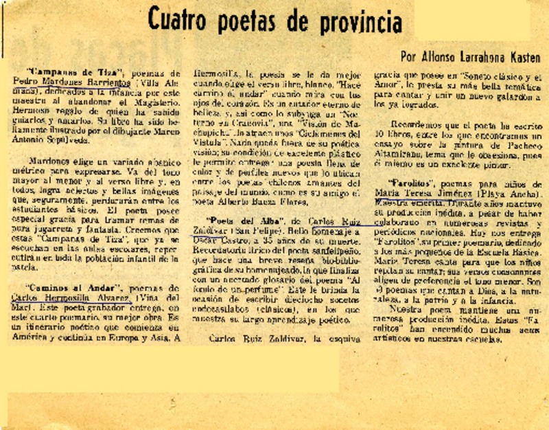 Cuatro poetas de provincia  [artículo] Alfonso Larrahona Kästen.