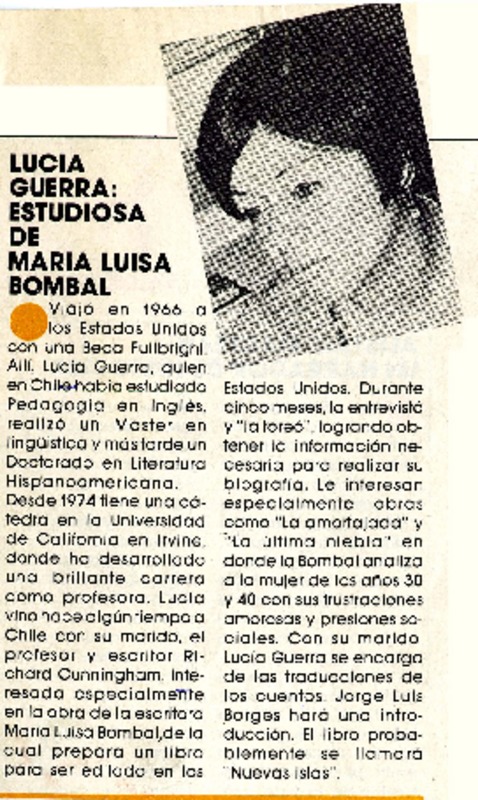 Lucía Guerra, estudiosa de María Luisa Bombal.  [artículo]