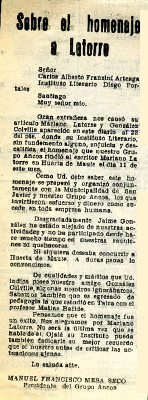 Sobre el homenaje a Latorre  [artículo] Manuel Francisco Mesa Seco.