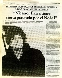 Nicanor Parra tiene cierta paranoia por el Nobel"  [artículo] Boris Bezama.