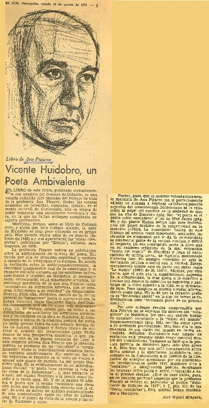 Vicente Huidobro, un poeta ambivalente  [artículo] José Miguel Mínguez.