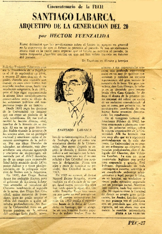 Santiago Labarca, arquetipo de la generación del 20  [artículo] Héctor Fuenzalida.
