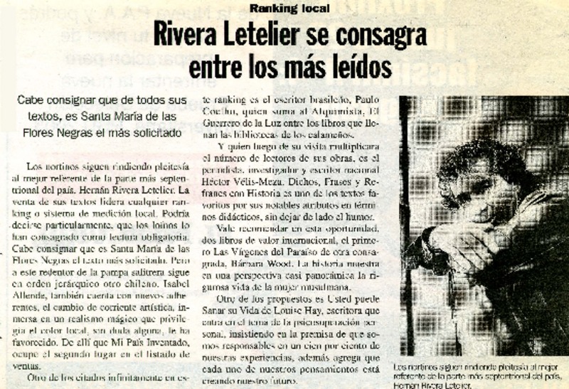 Rivera Letelier se consagra entre los más leídos.  [artículo]