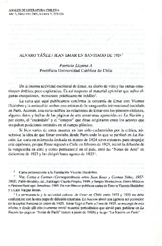 Alvaro Yáñez, Juan Emar en Santiago de 1924  [artículo] Patricio Lizama A.