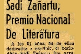 Sadi Zañartu, Premio Nacional de Literatura.  [artículo]