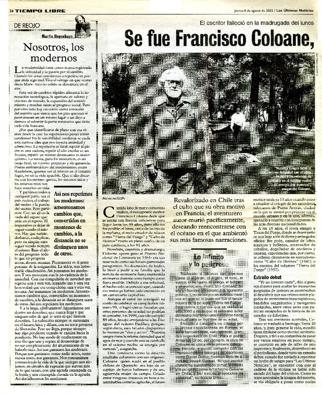 Se fue Francisco Coloane, el último lobo de mar el escritor falleció en la madrugada del lunes. [artículo] :