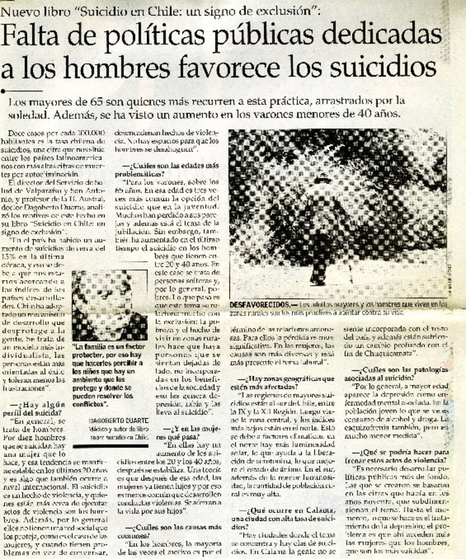 Falta de políticas públicas dedicadas a los hombres favorece los suicidios (entrevista)  [artículo] .