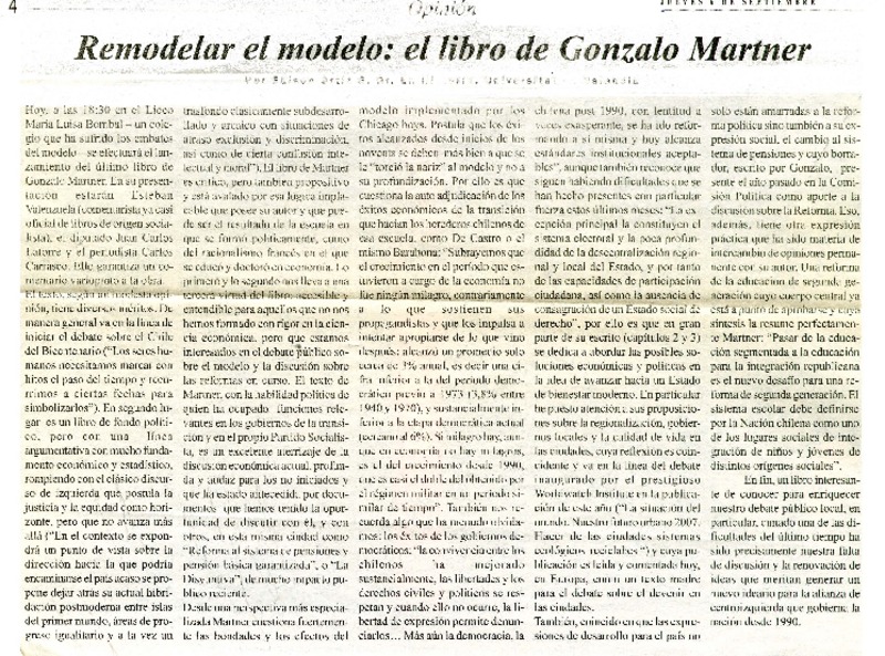 Remodelar el modelo: el libro de Gonzalo Martner  [artículo]Edison Ortiz G.