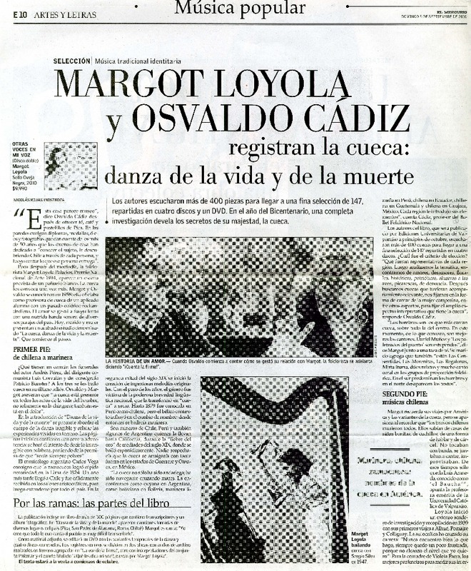 Margot Loyola y Osvaldo Cádiz registran la cueca  [artículo] Nicolás Rojas Inostroza.
