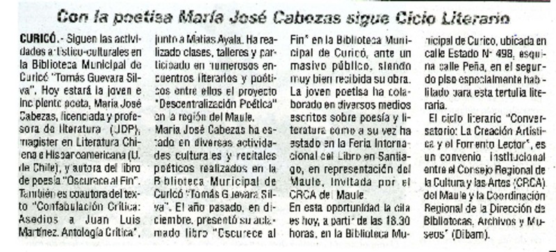 Con la poetisa Marìa Josè Cabezas sigue ciclo literario  [artículo]