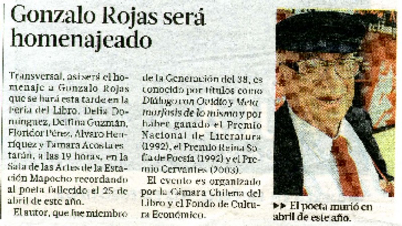 Gonzalo Rojas serà homenajeado  [artículo]