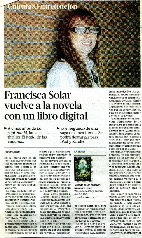 Francisca Solar vuelve a la novela con un libro digital  [artículo] Javier Garcìa.