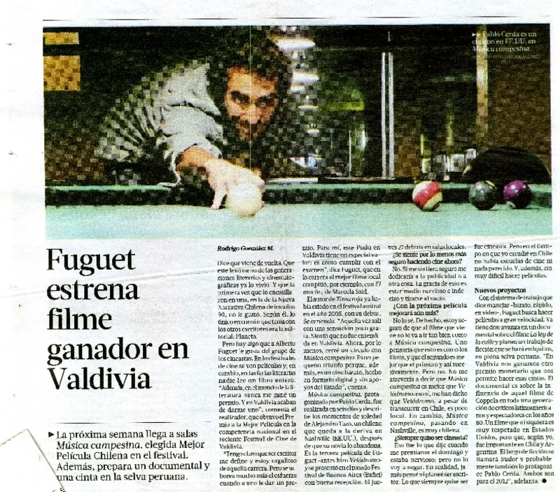 Fuguet estrena filme ganador en Valdivia  [artículo] Rodrigo Gonzàlez M.