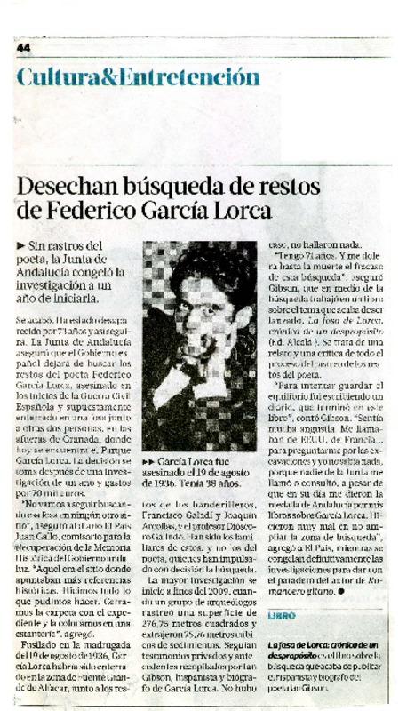 Desechan bùsqueda de restos de Federico Garcìa Lorca  [artículo]
