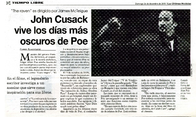 John Cusack vive los dìas màs oscuros de Poe  [artículo] Gabriel Bahamondes.