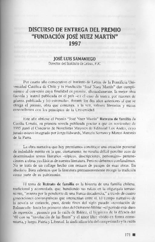 Discurso de entrega del premio "Fundación José Nuez Martín"  [artículo] José Luis Samaniego.