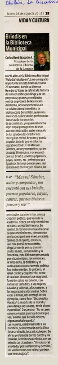 Brindis en la Biblioteca Municipal  [artículo] Carlos René Ibacache L.