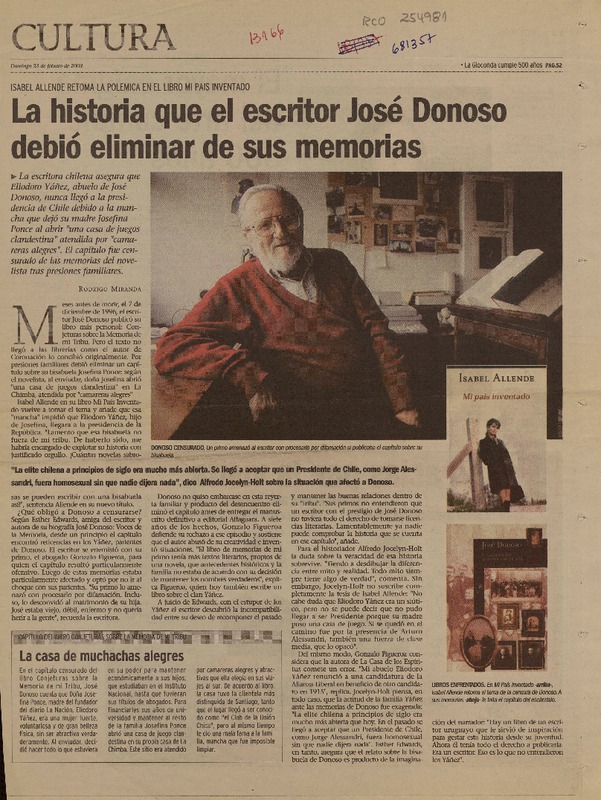 La historia que el escritor José Donodo debió eliminar de sus memorias  [artículo] Rodrigo Miranda.