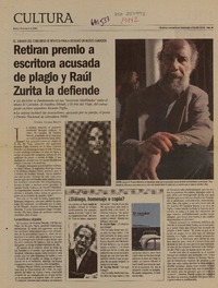 Retiran premio a escritora acusada de plagio y Raúl Zurita la defiende  [artículo] Andrés Gómez Bravo.