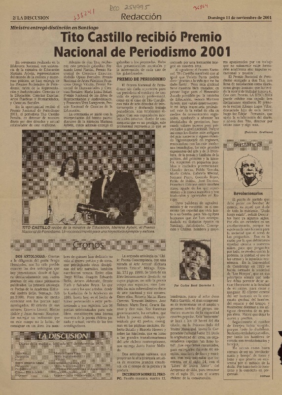 Tito Castillo recibió Premio Nacional de Periodismo 2001  [artículo] Carlos René Ibacache I.