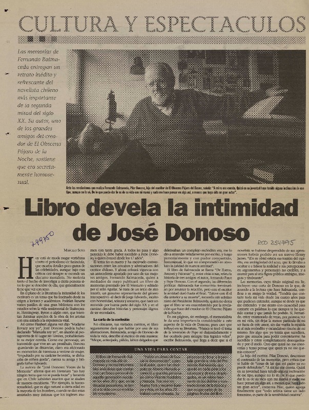 Libro devela la intimidad de José Donoso  [artículo] Marcelo Soto.