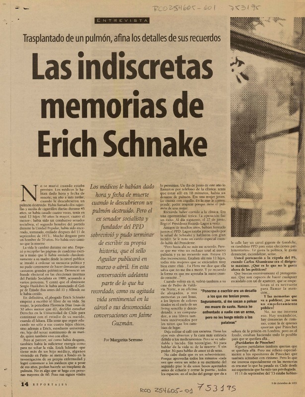 Las indiscretas memorias de Erich Schanck [entrevistas] [artículo] : Margarita Serrano.